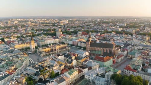 Panormaic Establishing Shot of Old Town at Sunrise in Krakow, Poland. Drone