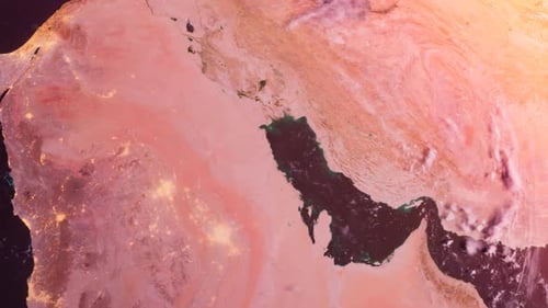 Arabian Peninsula, Saudi Arabia, Israel From Space. Planet Earth. Globe. Sunrise