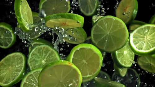 Fresh Lime Slices Floating with Splashing Water