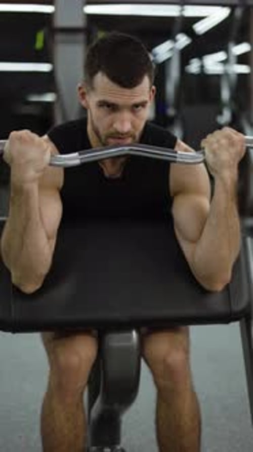 Muscular Bodybuilder Doing Weight Lifting in Gym on Chair