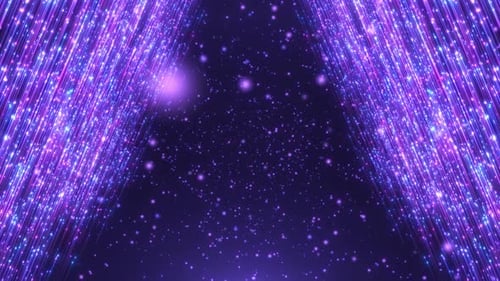 Abstract cinematic background with bright rays of light and flying particles of dust and glitter