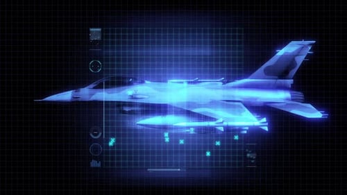 Futuristic HUD Display of a Rotating Fighter Jet