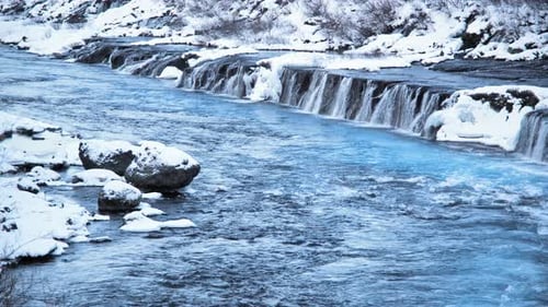 Waterfall Iceland Snow Ice Mountain Cold River Winter Blue Glacial Water Magical Landscape Tourist