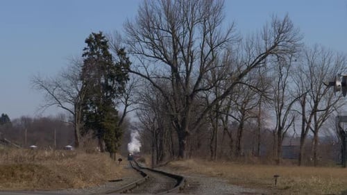 Long view of a restored steam locomotive and passenger cars traveling blowing smoke and steam follow