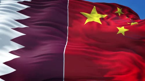 Qatar and China Flags Waving Together in Realistic 3D Animation