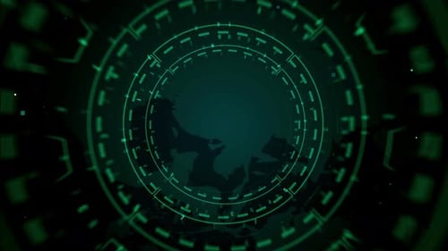 Rotating Digital Interface With Global Elements And Green Highlights