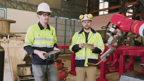 Two engineers test and control robotic arm in mechanical manufacturing factory.