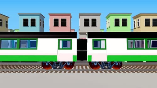 Cartoon Train Moving Past Colorful Houses Animation