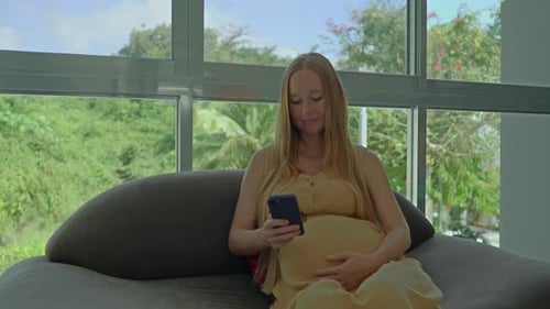 Pregnant Woman Relaxing On Couch Using Phone