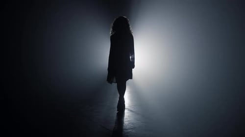 Silhouette of Woman Walking Toward a Light