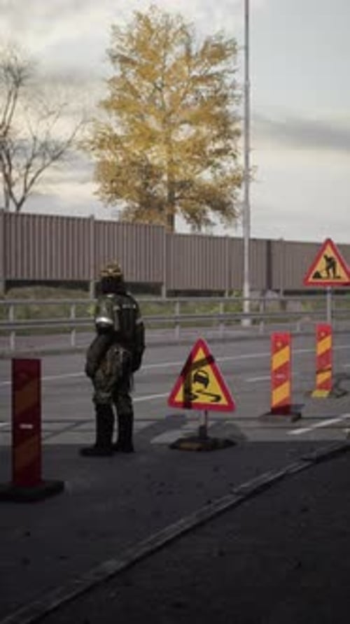 Road Worker Monitors Construction Site While Overseeing Traffic Flow