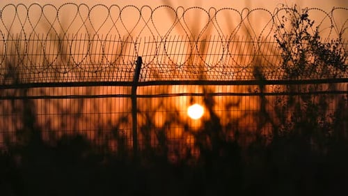 Barbed Wire Fence Silhouette Against Dramatic Orange Sunset