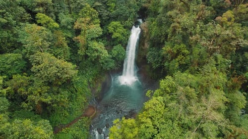 Powerful waterfall plunging into a natural pool in rainforest of Costa Rica