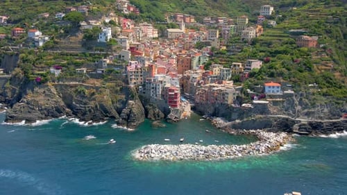 Aerial 4K footage of Riomaggiore, Cinque Terre in Italy.