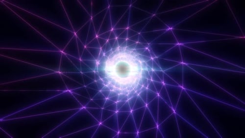 Abstract glowing violet grid tunnel with geometric network lines converging into a bright core