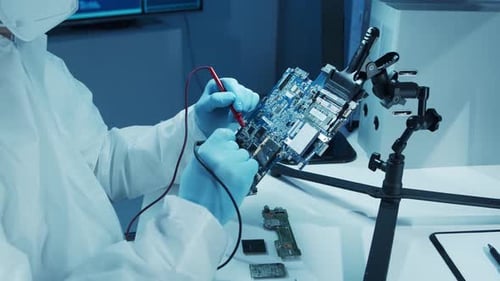 Microelectronics Engineer Works in a Modern Scientific Laboratory on Computing Systems and