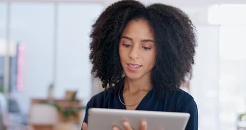 Woman, tablet and scroll, website layout and web design with technology at SEO agency