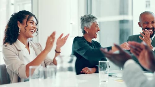 Fist bump, celebration and business people in office with applause for winning