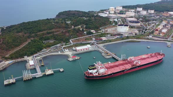 Aerial view to a oil port of oil refinery Lukoil on Black Sea near to ...