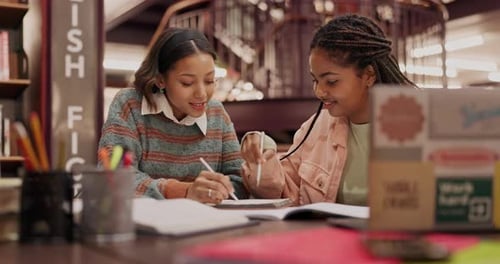 People, learning and college by studying in library for exam with teamwork