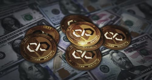 Pièce de crypto-monnaie Polygon Matic sur des billets en dollars
