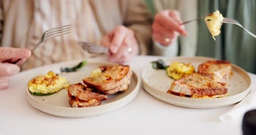 Hands, eating and breakfast in restaurant for relax, relationship and morning with eggs