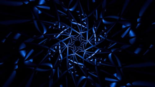 Looped animation of dark blue fractal mandala made of symmetrical 3D curves with metallic surfaces