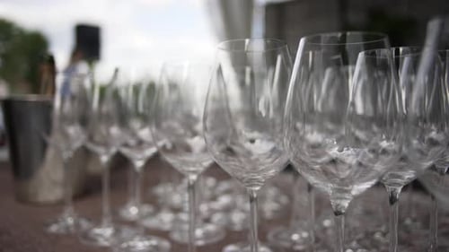 A set of empty transparent wine and champagne glasses on high legs close up