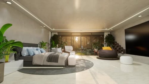 Modern Minimalist Bedroom with Garden View at Sunset