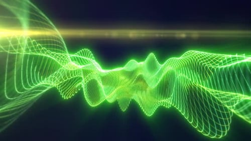 Vivid green illuminated waveforms on a dark background, conveying technology, data