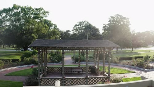 Side view of the rose garden gazebo in Roger Williams Park. Aerial view.