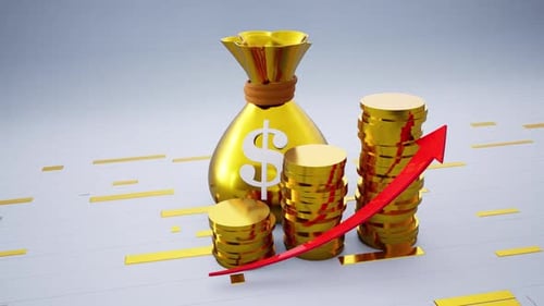Golden Money Bag With A USD Symbol And Increasing Coins Including Red Upward Arrow