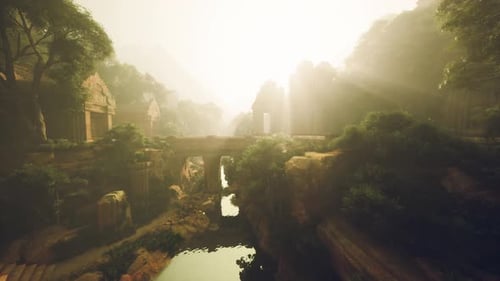 Serene Scene with Mosscovered Ruins Beneath Dense Forest Canopy at Twilight