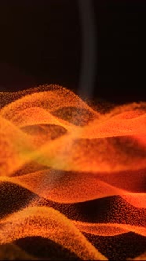 Abstrakte Wellen leuchtender orangefarbener Partikel, die dynamische, flüssige Formen auf dunklem Hintergrund bilden