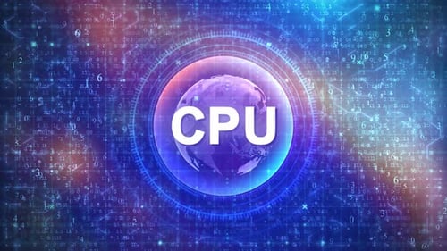 CPU Concept on Futuristic Cyberspace Background with HUD, Numbers, and Globe