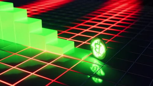 Animation numérique d'une pièce de Bitcoin rougeoyante dévalant un escalier, graphique illustrant une situation financière