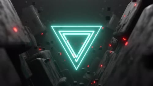 Le triangle au néon en boucle d'animation 3D de science-fiction brille dans le tunnel sombre