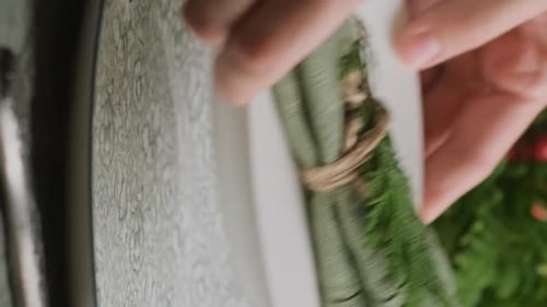 Vertical Video Christmas Table Set Hands Put Decorated Plate on Table