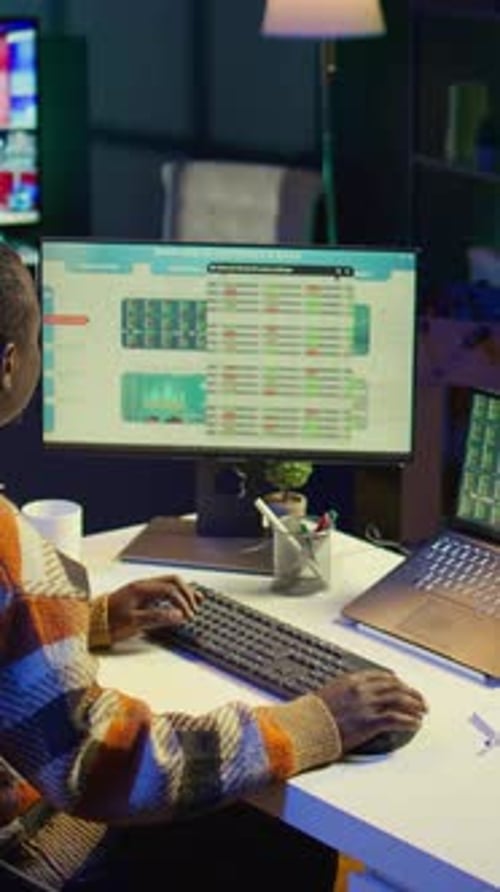 Vertical Video African American Analyst Checks Financial Balance and Works on Accounting
