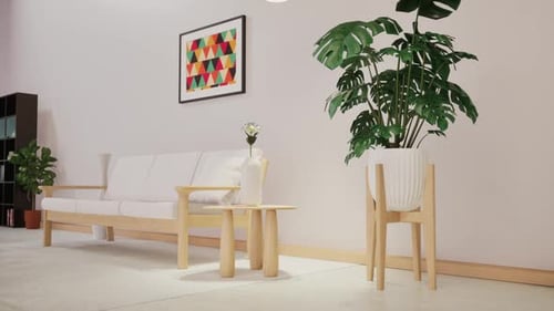 Minimalist Living Room Interior with Smooth Camera Zoom Out