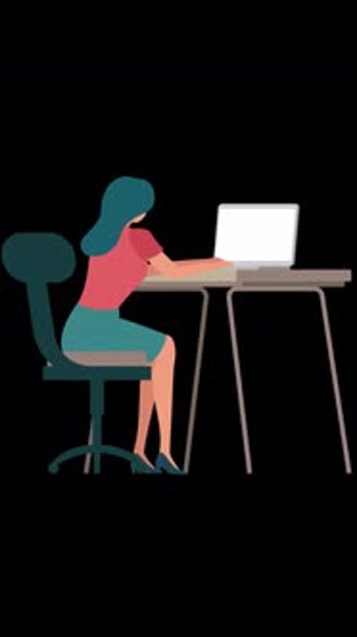 Businesswoman Sitting At Desk Working On Laptop Cartoon Animation On Vertical On Alpha Channel