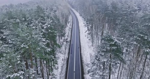 Aerial view of snowy road and frozen forest, Poland.