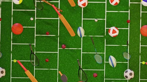Falling Sports Equipment Loop Animation on Green Field
