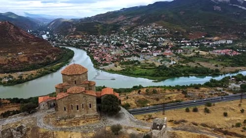 Flying Around the Historic Jvari Monastery From 6Th Century in Mtskheta Georgia