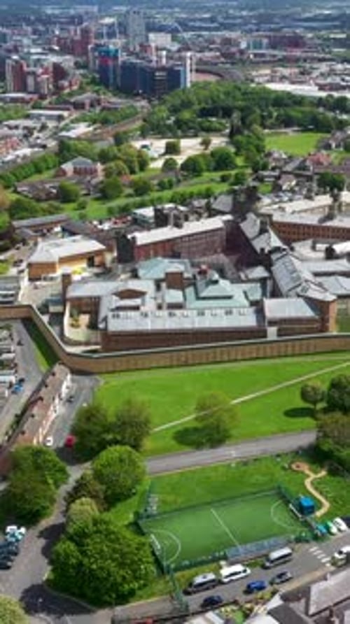 Aerial drone vertical portrait footage of the town of Armley in Leeds West Yorkshire in the UK, show
