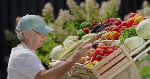 Elderly Woman Farmer Selling Vegetables at Farmers Market Side View