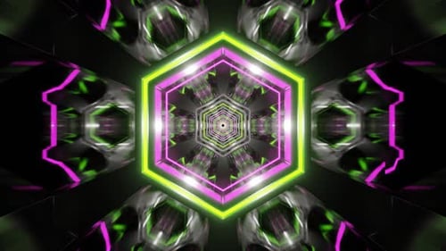 Lime And Pink Neon Glowing Hexagoned Tunnel Background Vj Loop In HD