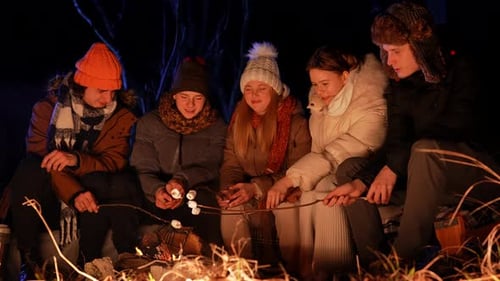 Friends Sitting Around a Campfire in the Woods on a Winter Evening