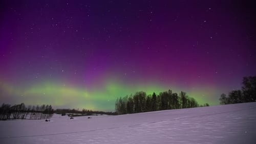 Wide shot of white snowy winter fields with colorful flashing Northern Lights at night sky - Time la