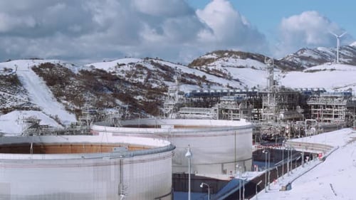 Oil extraction center on the top of the mountain in winter time.
